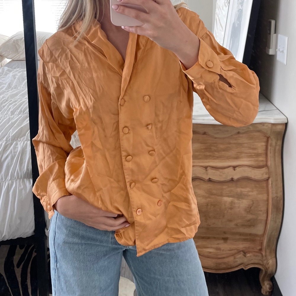 Vintage 90s Orange 100% Silk Button Front Long Sleeve‎ Blouse